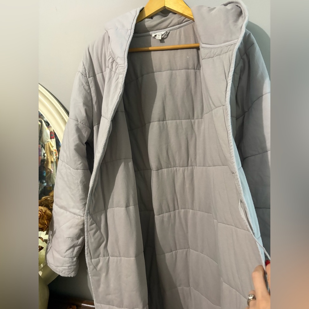 Garnet Hill 100% organic cotton grey Quilted hooded Robe/ Coat - Picture 8 of 11